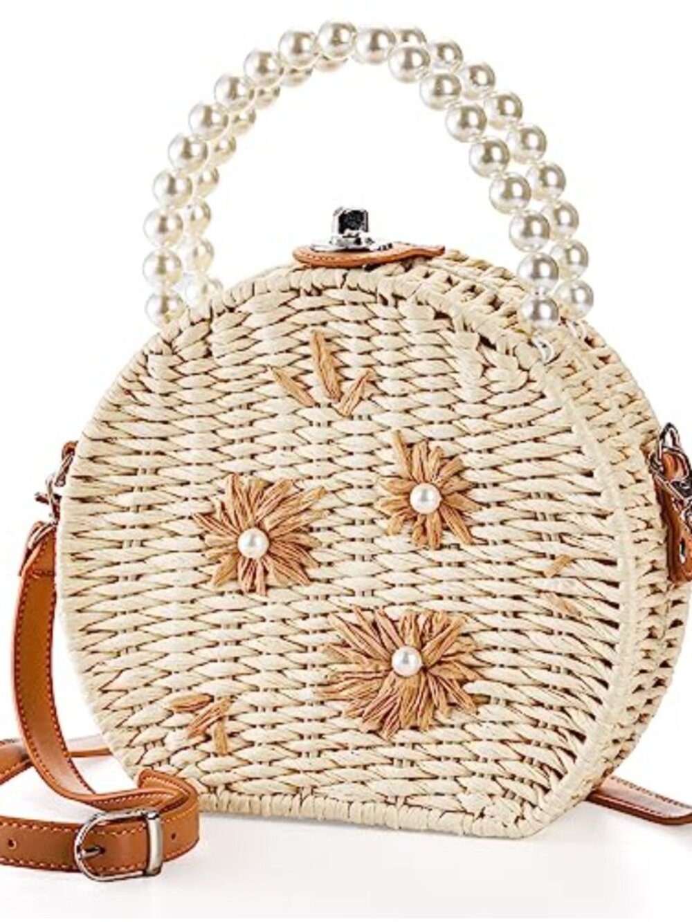 Handwoven Round Rattan Crossbody Bag with Pearl Handle Adjustable Straps Boho